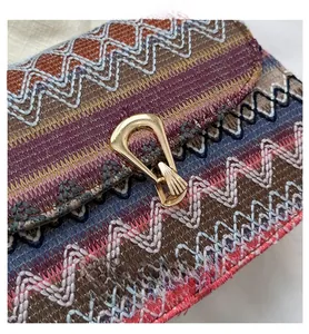 Macro detail of bohemian zigzag woven texture and vintage gold metallic lock closure
