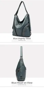 Detail view of dark greyish blue pebbled PU leather bag with side rivet accents and zippers