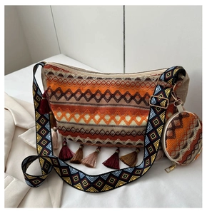 Detail of bohemian tote bag with geometric patterns, colorful tassels and round pouch