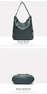 Detail view of the navy blue PU leather backpack showing the back zipper and wide bottom