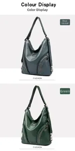 Close-up of blue and green PU leather hobo bags with rivet details and metal logo plate