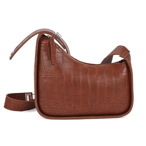 Brown crocodile embossed faux leather shoulder bag with vintage curved silhouette