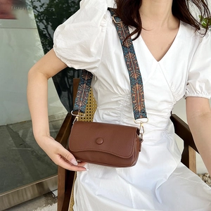 Brown leather crossbody bag with vintage ethnic geometric wide strap for women