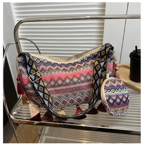 Detail of bohemian tote bag with geometric patterns, colorful tassels and small coin purse