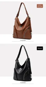 Close-up of litchi grain leather texture and metallic rivet details on retro shoulder bags