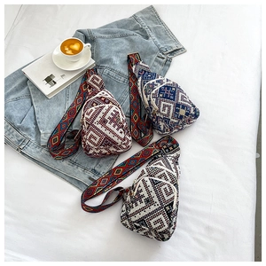 Bohemian ethnic style chest bags with geometric knit patterns and wide jacquard straps