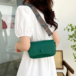 Vintage dark green lychee pattern crossbody bag with ethnic style wide shoulder strap