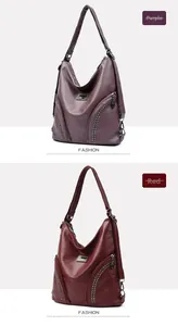 Close-up of soft PU leather shoulder bags in purple and red with rivet detailing