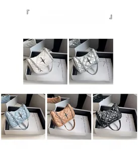 Quilted crossbody bags with chain straps in cream, silver, blue, khaki, and black colors