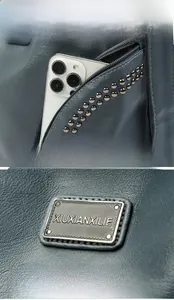 Detail of grey pebbled PU leather backpack with silver rivets and metal brand plaque