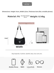 Detailed size guide for black quilted crossbody bag with metal chain and star detail
