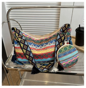 Close-up of bohemian embroidered tote bag set with fringe and geometric patterns