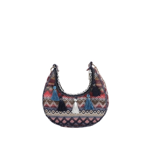 Bohemian crescent shoulder bag with colorful geometric patterns and blue tassels decoration