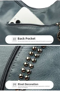 Detailed view of the rear zipper pocket and metallic rivet studs on the blue faux leather bag
