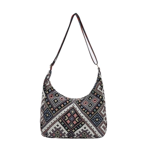 Sac bandoulière bohème ethnique avec motif jacquard géométrique et sangle noire