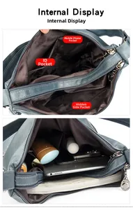 Internal display of the navy blue PU leather backpack showing compartments and large capacity