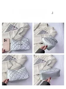 Detail showing four angles of silver quilted chain bag with star metal ornament