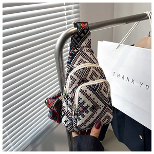 Ethnic boho chest bag with geometric patterns and colorful wide shoulder strap for women