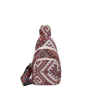 Ethnic bohemian crossbody bag with colorful geometric patterns and wide strap