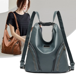 Women PU Leather Rivet Backpack Multi-functional Fashion Casual Shoulder Bag Large Capacity Solid Color Travel Backpack