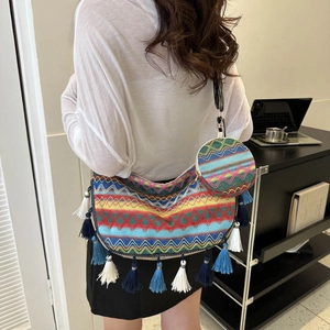 Bohemian large tote bag with colorful geometric patterns and decorative tassels