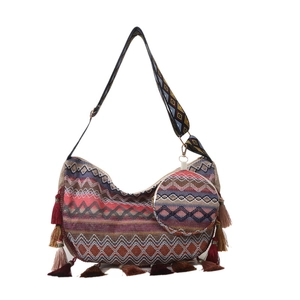 Ethnic bohemian woven tote bag with tassels and matching round coin purse