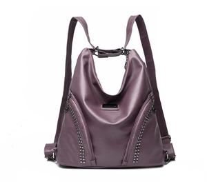 Deep purple PU leather backpack with metallic rivets and multi-functional shoulder straps
