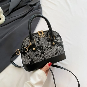 Women Trendy Shell Handbag Vintage Embroidery Jacquard PU Leather Shoulder Crossbody Bag With Rivet Golden Hardware Zipper Closure