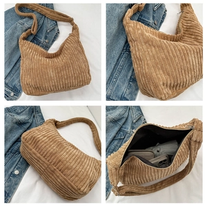 Detailed views of a brown corduroy tote bag with adjustable strap and zip closure
