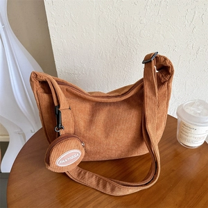 Japanese Style Corduroy Crossbody Bag For Women Large Capacity Minimalist Hobo Dumpling Bag With Round Coin Purse Pendant