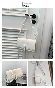 Three views of a white PU leather handbag featuring a braided strap and adjustable crossbody belt