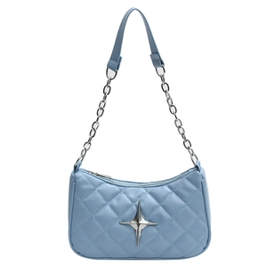 Minimalist light blue quilted shoulder bag with silver star and metal chain strap