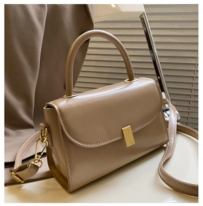 Detailed macro view of the sleek metal buckle and matte leather texture of the square bag