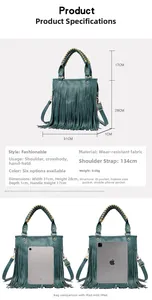 Detailed dimension chart for dark cyan tassel handbag with adjustable shoulder strap