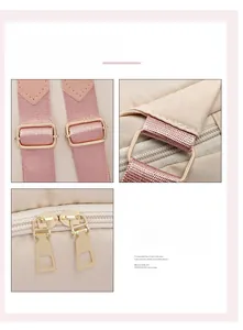 Gros plan détaillé des sangles roses et des boucles dorées d'un sac à dos beige