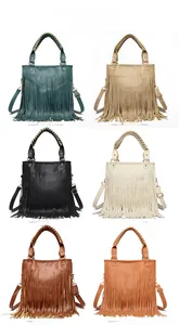 Color options of tassel tote bags in blue, khaki, black, white, brown, and yellow