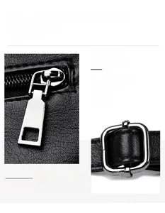 Detailed close-up of the silver alloy zipper puller and adjustable buckle on black leather
