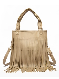 Detail of bohemian khaki fringed handbag with gold chain handle and lychee texture
