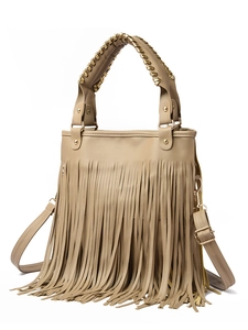Detail of khaki tassel handbag with vertical fringes and gold chain-wrapped handle