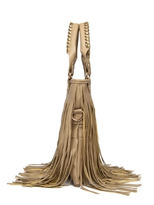 Side view of khaki tassel handbag featuring braided leather handles and metal hardware