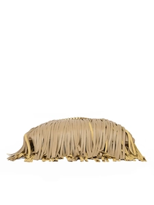 Detail of khaki tassel handbag with litchi grain leather and gold chain strap