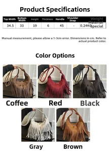 Size chart and dimensions for the vintage tassel shoulder bag in five classic colors