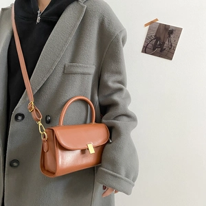 Minimalist brown leather crossbody bag with top handle and gold clasp for women