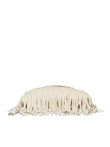 Detailed view of off-white leather tassel handbag featuring elegant gold chain accents