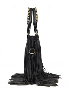 Close-up of black pebbled leather tote bag featuring long fringes and gold hardware