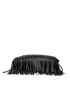 Close-up of black fringe handbag with dense leather tassels and lychee grain texture
