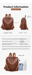 Detailed size chart of brown PU leather backpack with front and side views