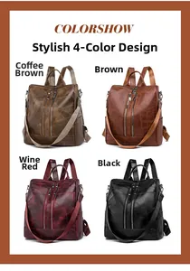 Detailed comparison of anti-theft backpacks in coffee, brown, wine red, and black faux leather