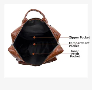 Detail of vintage leather backpack interior showing functional zip and slip pockets