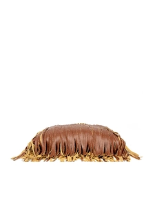 Detail of bohemian two-tone leather tassel clutch with lychee pattern texture